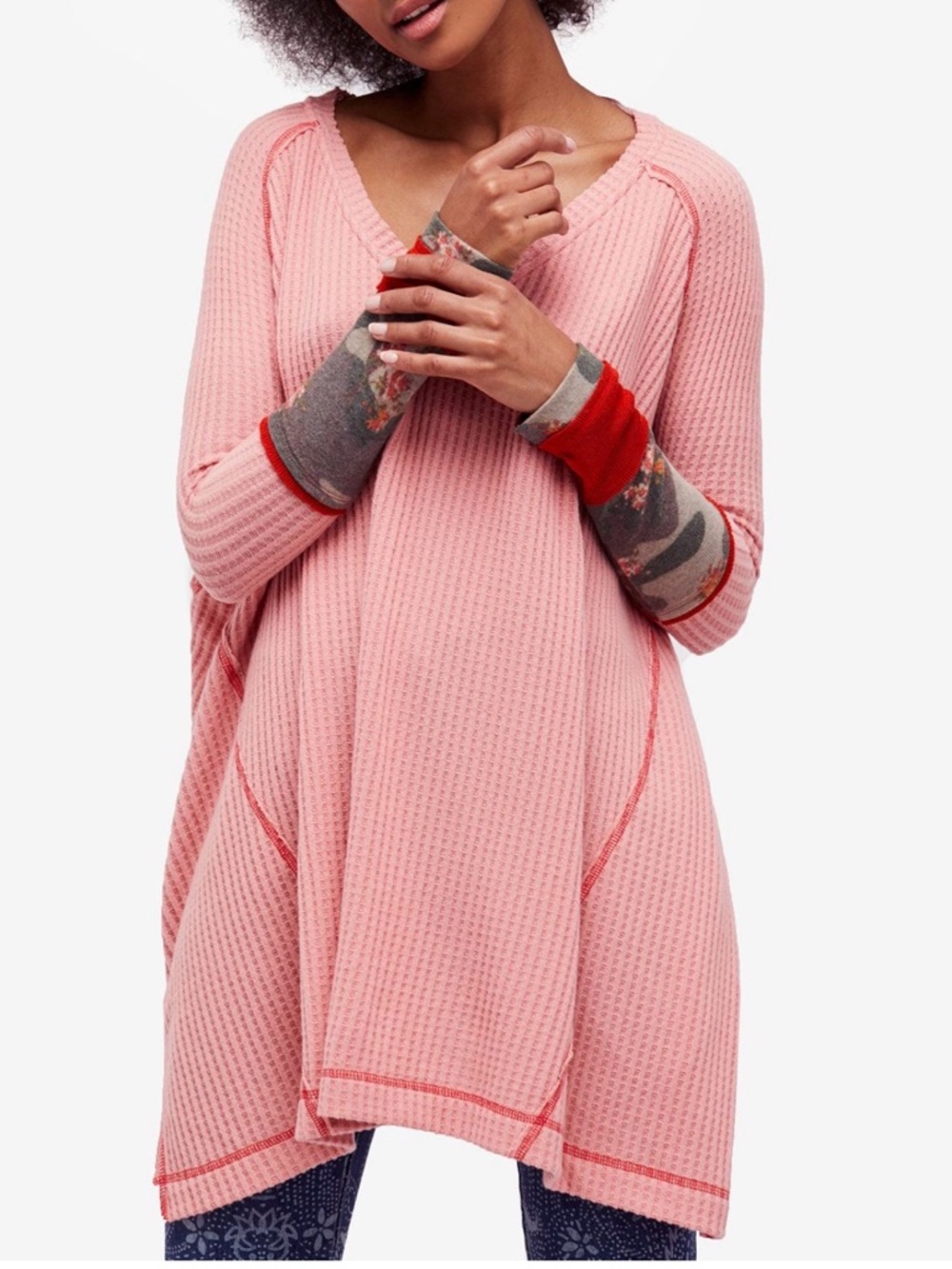 We The Free People Lovin Leopard Peach Thermal Top Waffle Knit Medium Oversized